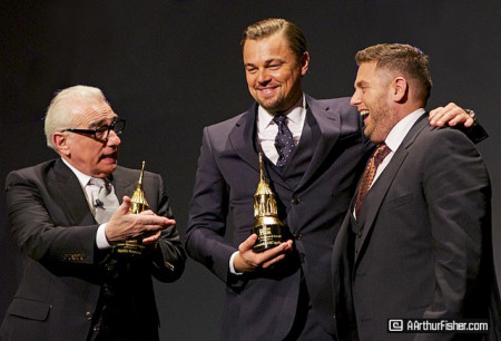 Martin Scorsese and Leonardo DiCaprio being presented the Santa 